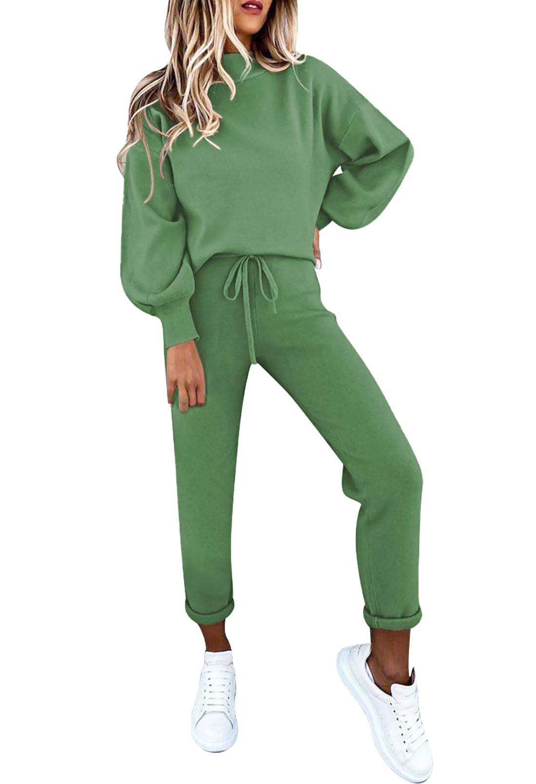 Fixmatti Women Two Piece Fall Outfit Long Sleeve Sweatshirt and Sweatpants Tracksuit Matching Sets Green XL