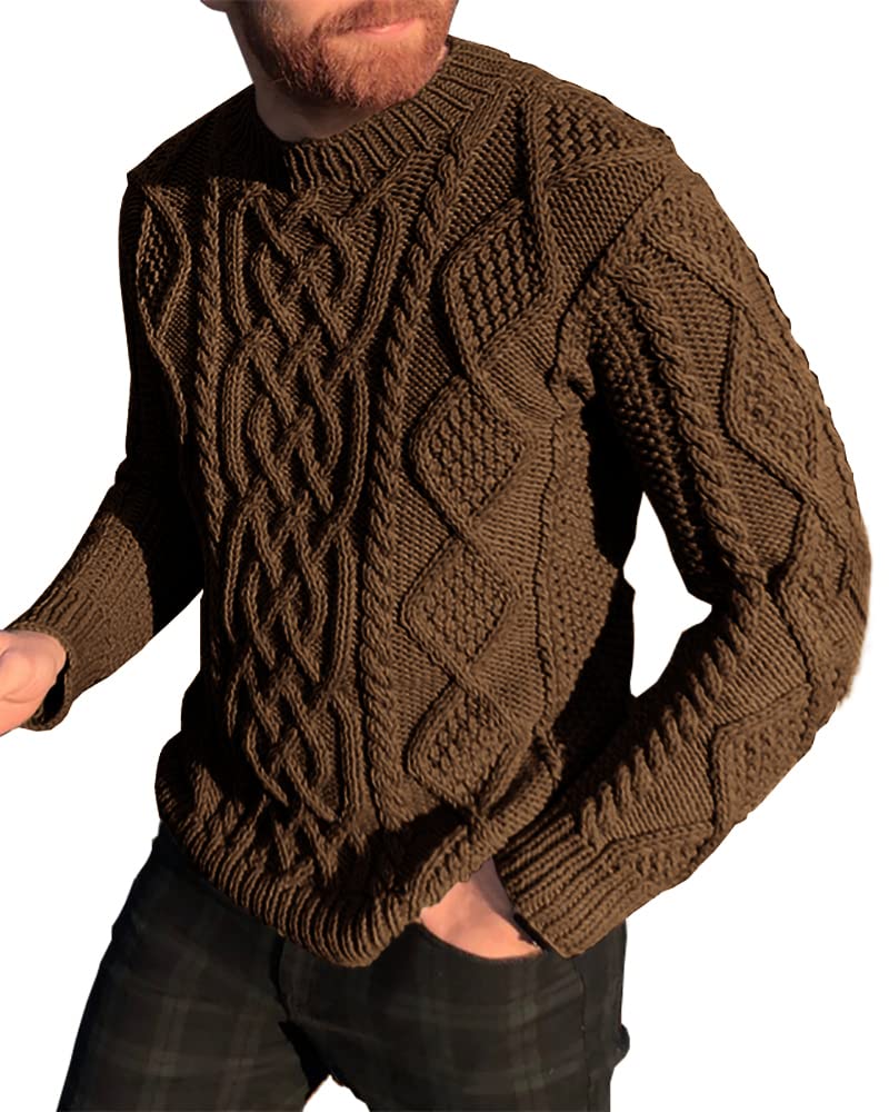 NIUBIA Men's Slim Fit Crewneck Pullover Sweater Winter Casual Chunky Cable Knit Comfort Heavy Long Sleeve Sweaters Brown