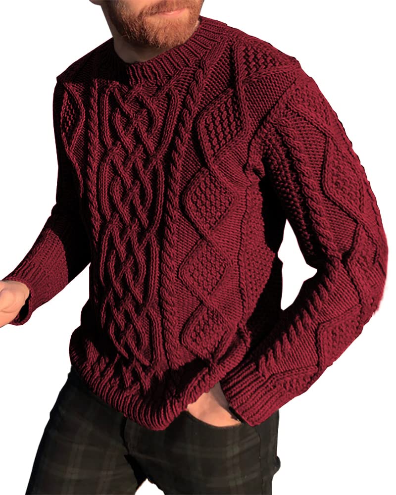 NIUBIA Men's Slim Fit Crewneck Pullover Sweater Winter Casual Chunky Cable Knit Comfort Heavy Long Sleeve Sweaters Red