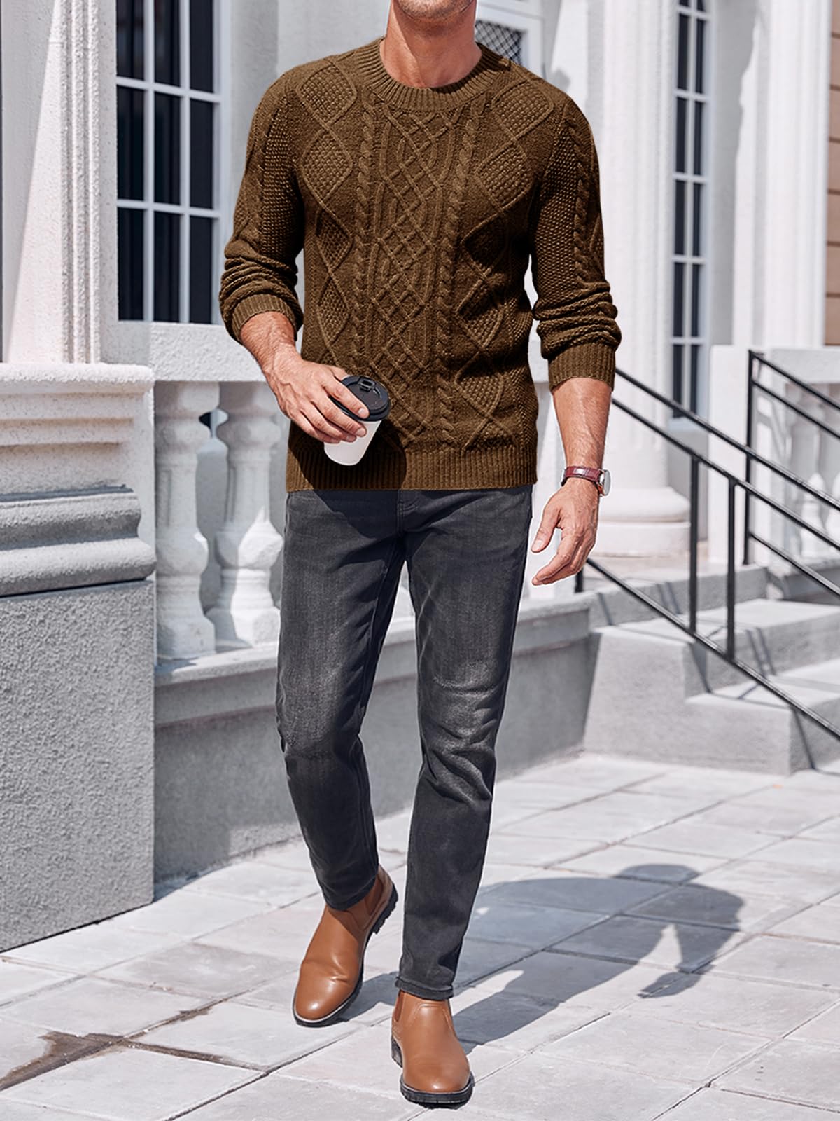 NIUBIA Men's Slim Fit Crewneck Pullover Sweater Winter Casual Chunky Cable Knit Comfort Heavy Long Sleeve Sweaters Brown