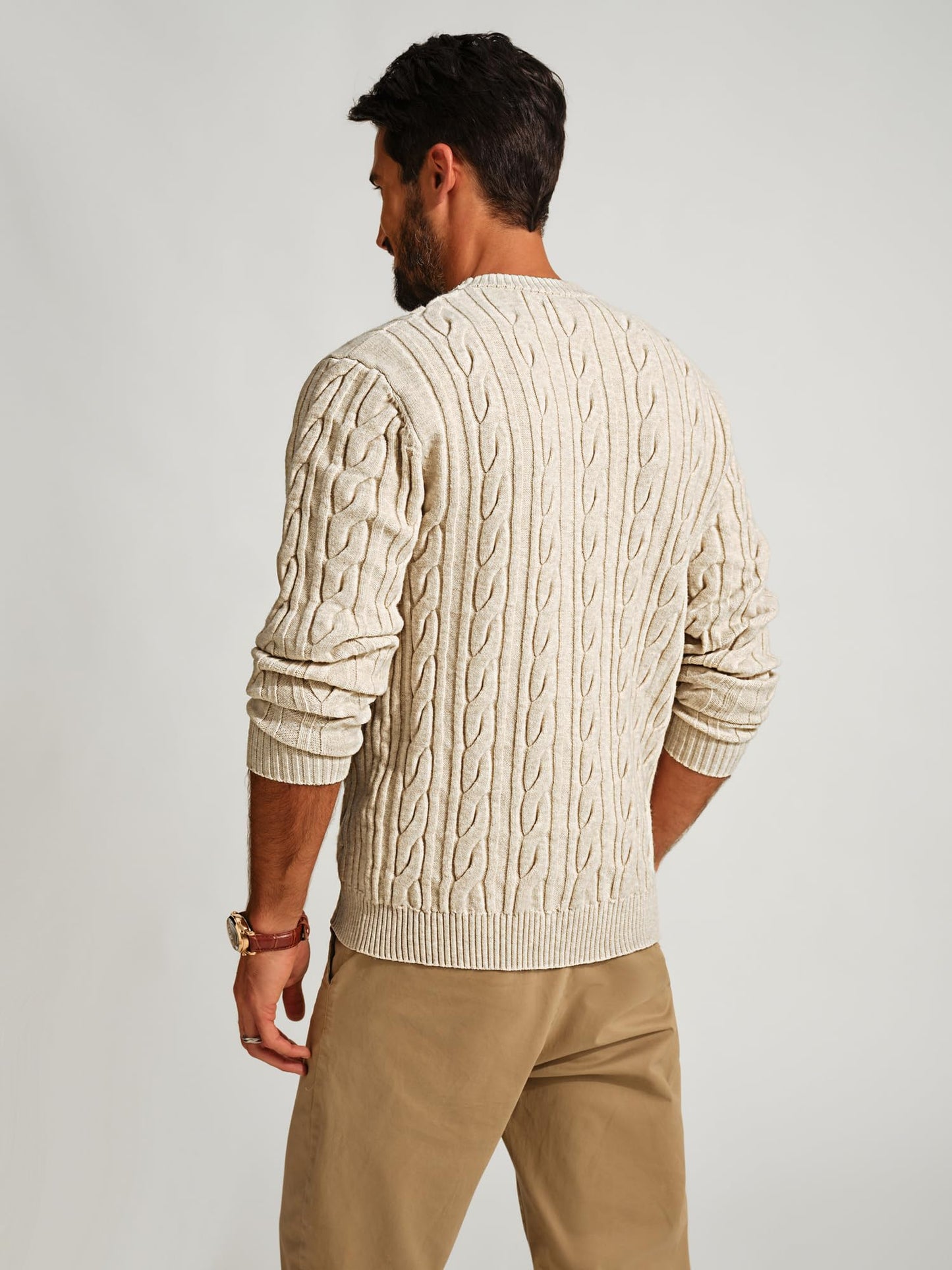 PJ PAUL JONES Mens Crewneck Sweater Casual Long Sleeve Textured Pullover Sweater Regular Fit Cable Knit Pullovers Apricot S