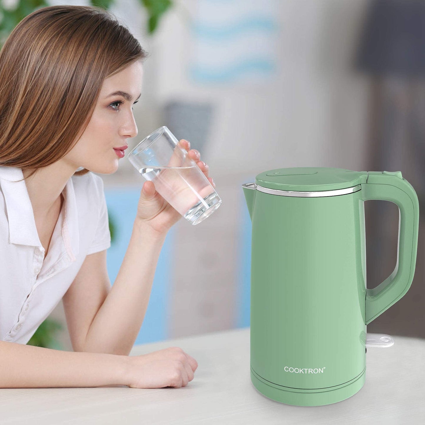 COOKTRON 1.7L Electric Kettle Quiet, Double Wall Hot Water Boiler BPA-Free, Quiet Boil and Cool Touch Tea Kettle, Cordless with Auto Shut-Off & Boil Dry Protection, 1500W Fast Boiling, Green