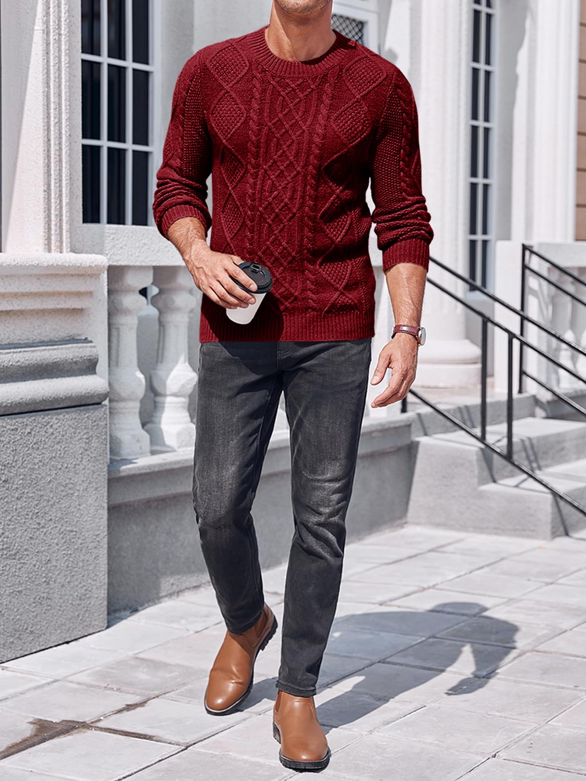 NIUBIA Men's Slim Fit Crewneck Pullover Sweater Winter Casual Chunky Cable Knit Comfort Heavy Long Sleeve Sweaters Red