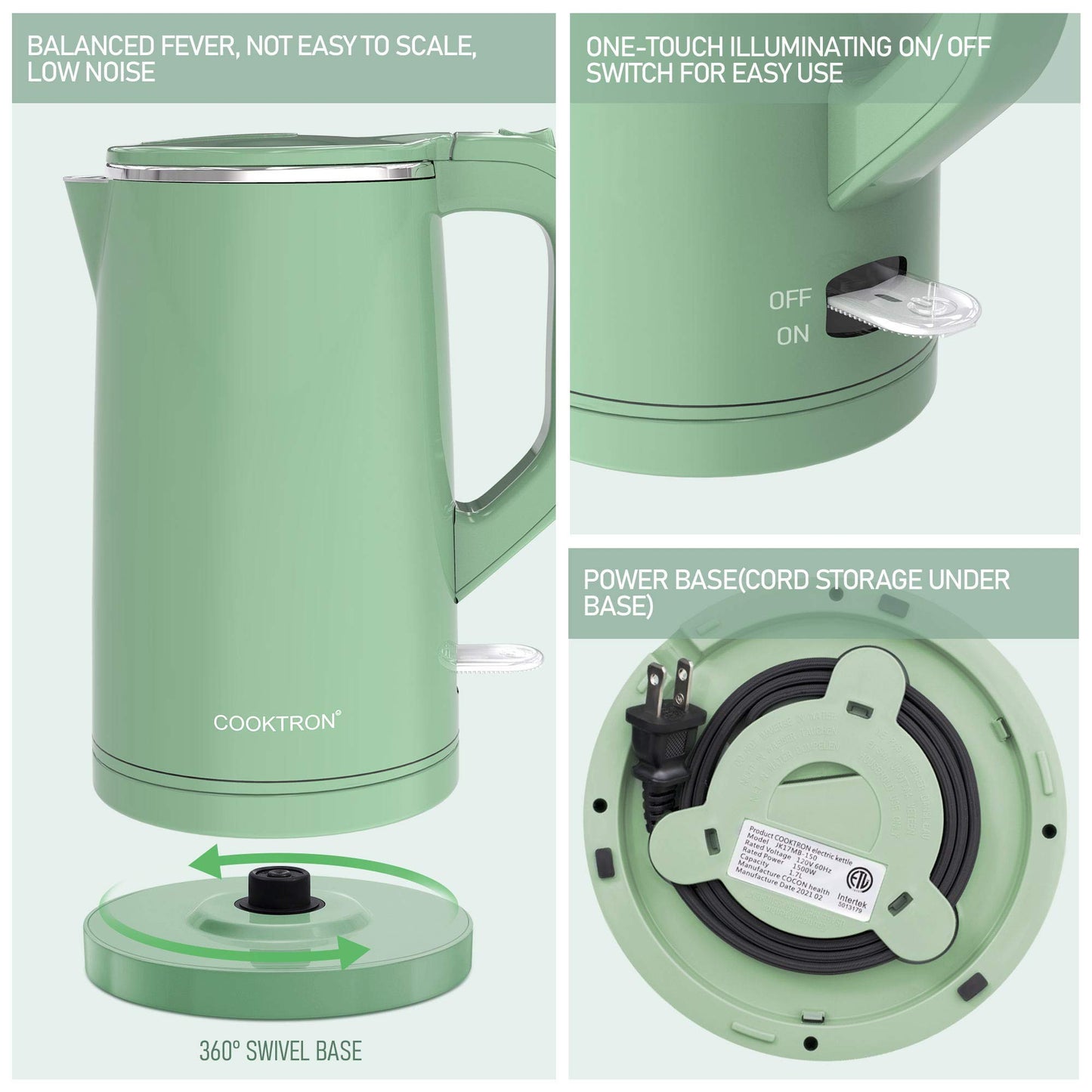 COOKTRON 1.7L Electric Kettle Quiet, Double Wall Hot Water Boiler BPA-Free, Quiet Boil and Cool Touch Tea Kettle, Cordless with Auto Shut-Off & Boil Dry Protection, 1500W Fast Boiling, Green