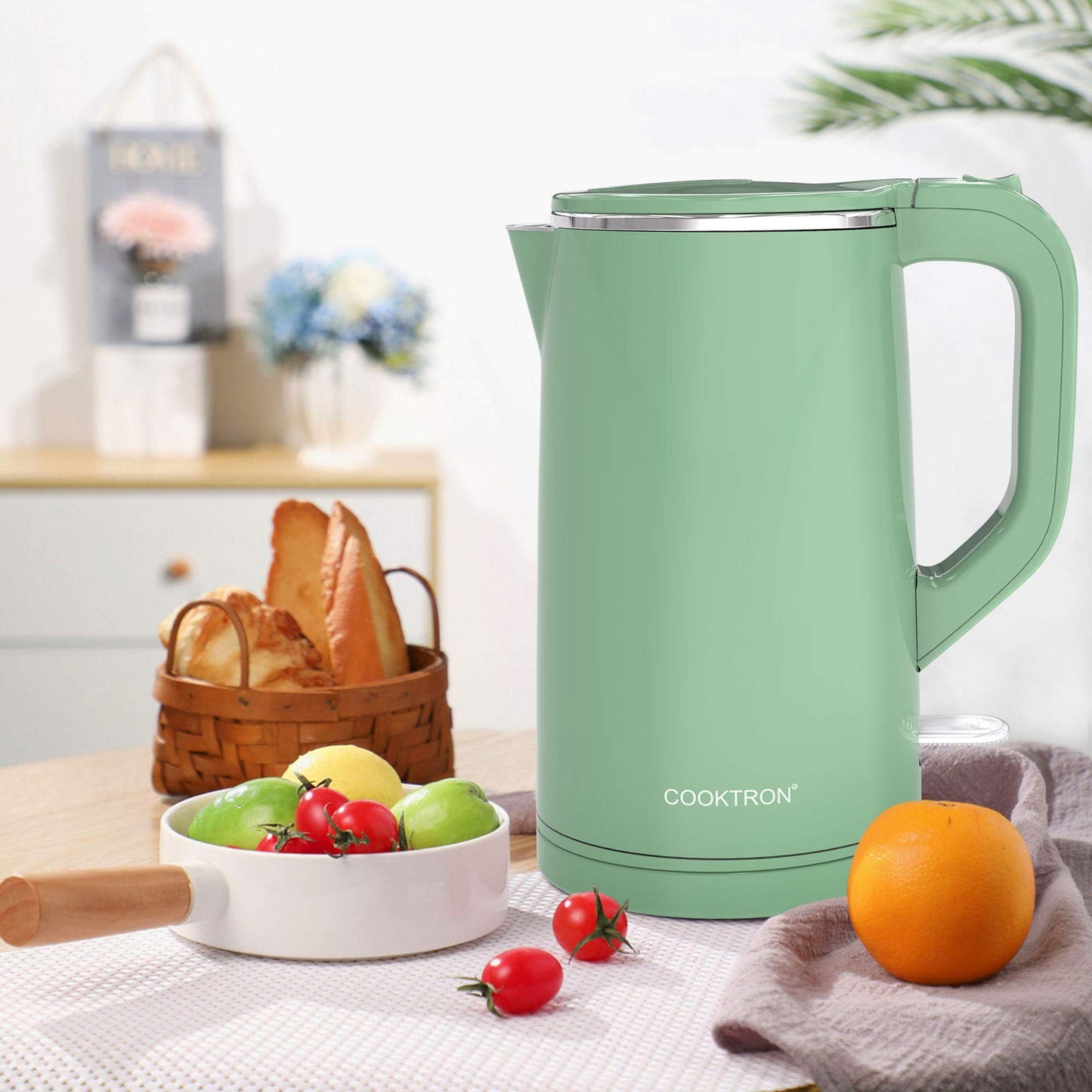 COOKTRON 1.7L Electric Kettle Quiet, Double Wall Hot Water Boiler BPA-Free, Quiet Boil and Cool Touch Tea Kettle, Cordless with Auto Shut-Off & Boil Dry Protection, 1500W Fast Boiling, Green