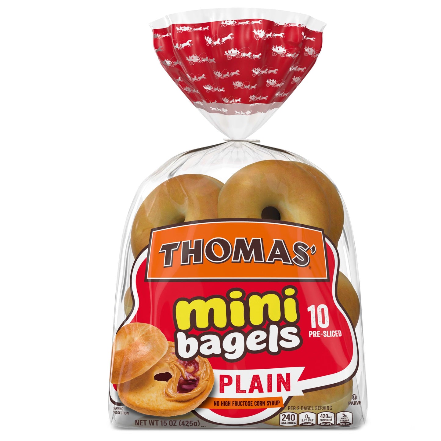 Thomas' Plain Mini Bagels, 10 count, (1.5 oz each), Pre-sliced Bagels, 15 oz Bag