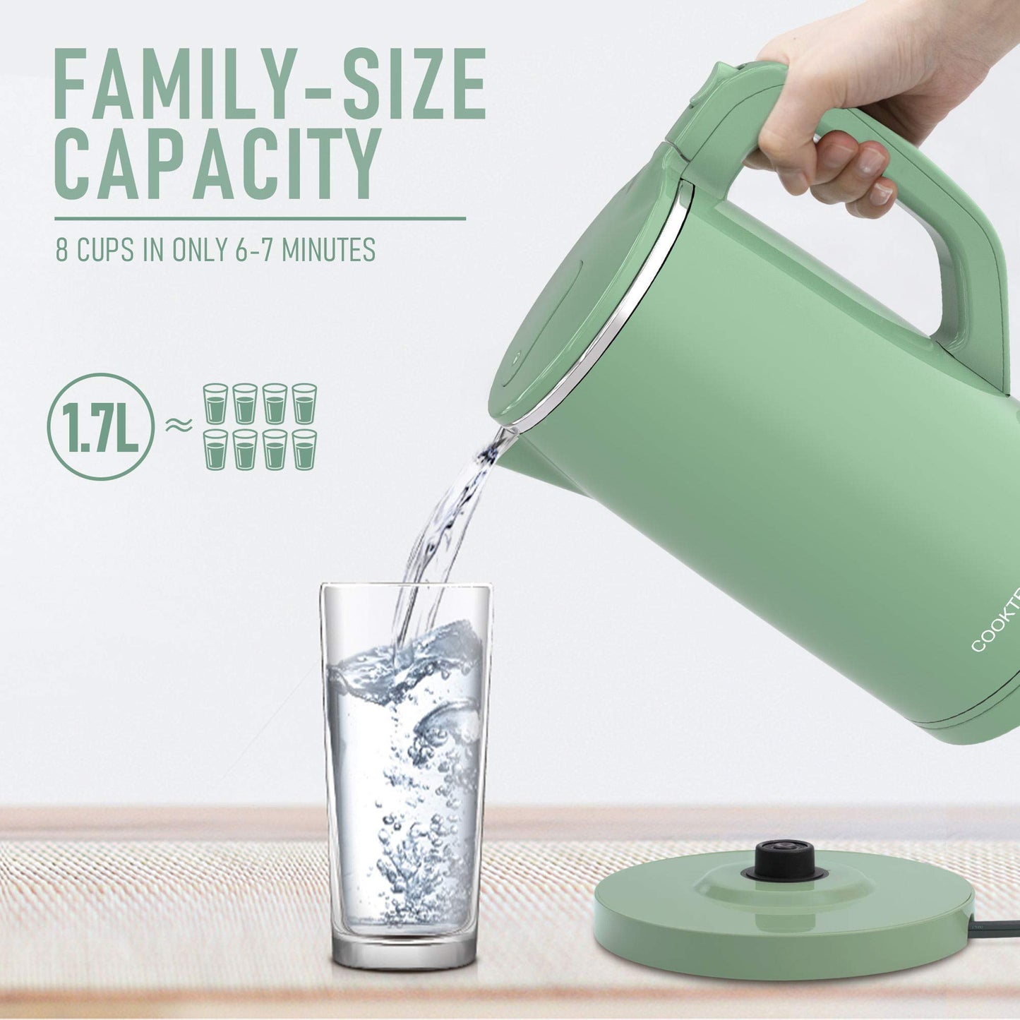 COOKTRON 1.7L Electric Kettle Quiet, Double Wall Hot Water Boiler BPA-Free, Quiet Boil and Cool Touch Tea Kettle, Cordless with Auto Shut-Off & Boil Dry Protection, 1500W Fast Boiling, Green