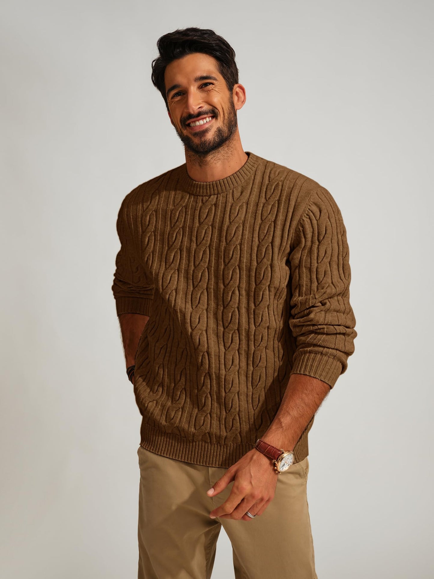 PJ PAUL JONES Men's Sweaters Pullover Crewneck Long Sleeve Cable Knit Sweater Casual Textured Sweaters Brown XXL