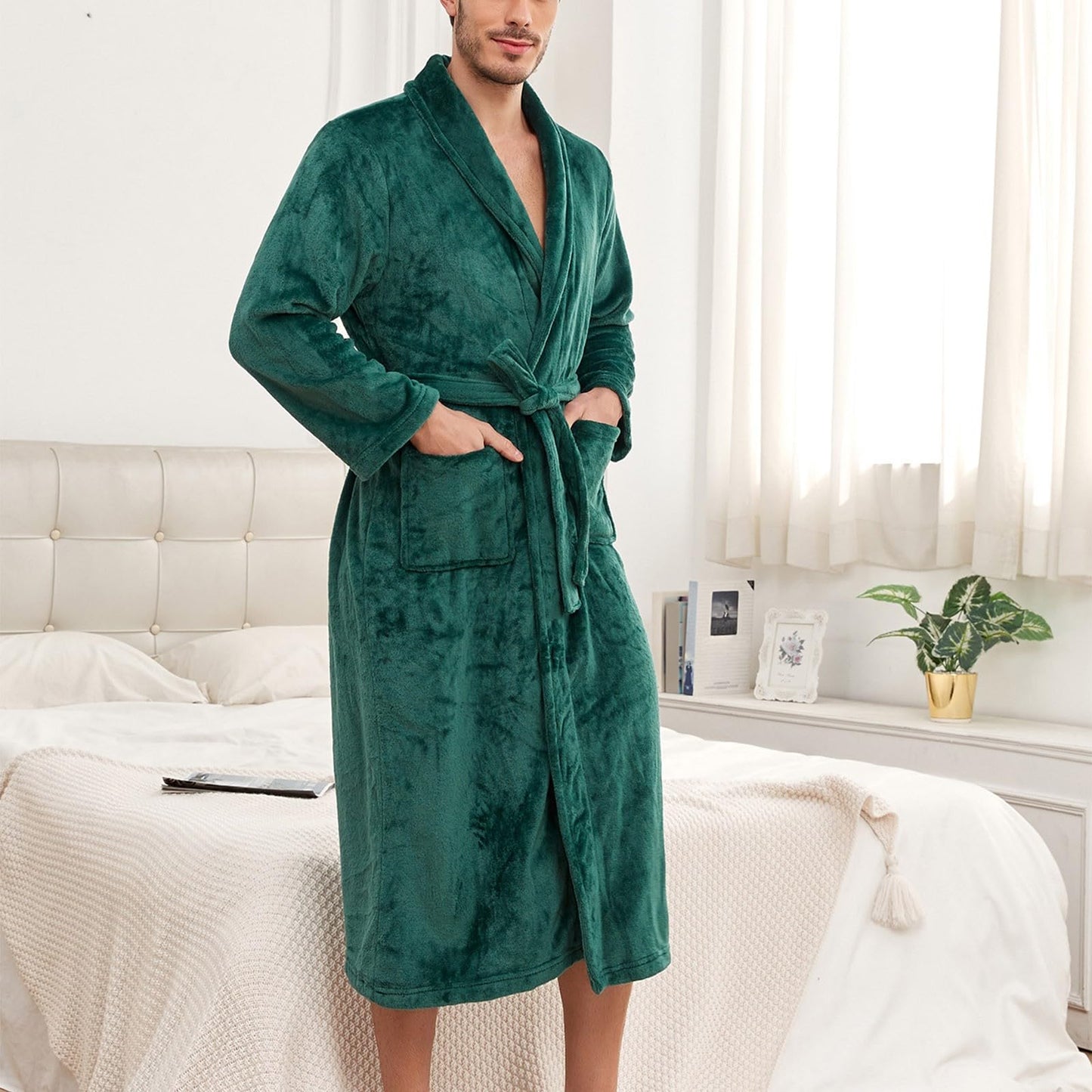 Mens Plush Fluffy Robe Cozy Warm Bathrobe Soft Fuzzy Fleece Long Spa Bath Robe with External Pockets and Belt for Men