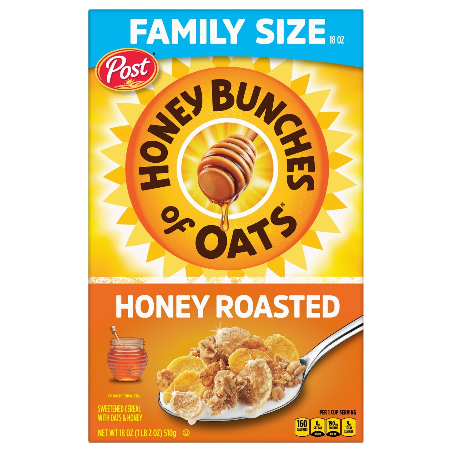 Honey Bunches of Oats Honey Roasted Breakfast Cereal, Honey Oats Cereal with Granola Clusters, 18 OZ Box