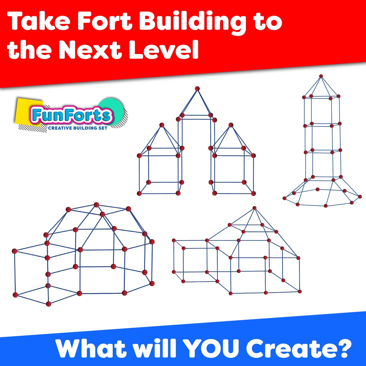 Power Your Fun Fun Forts Kids Tent for Kids - 81 Pieces Fort Building STEM Toys Kit, Construction Toys Play Tent Indoor and Outdoor Playhouse for Kids with 53 Rods and 28 Spheres (Red, Blue) 1 Pack
