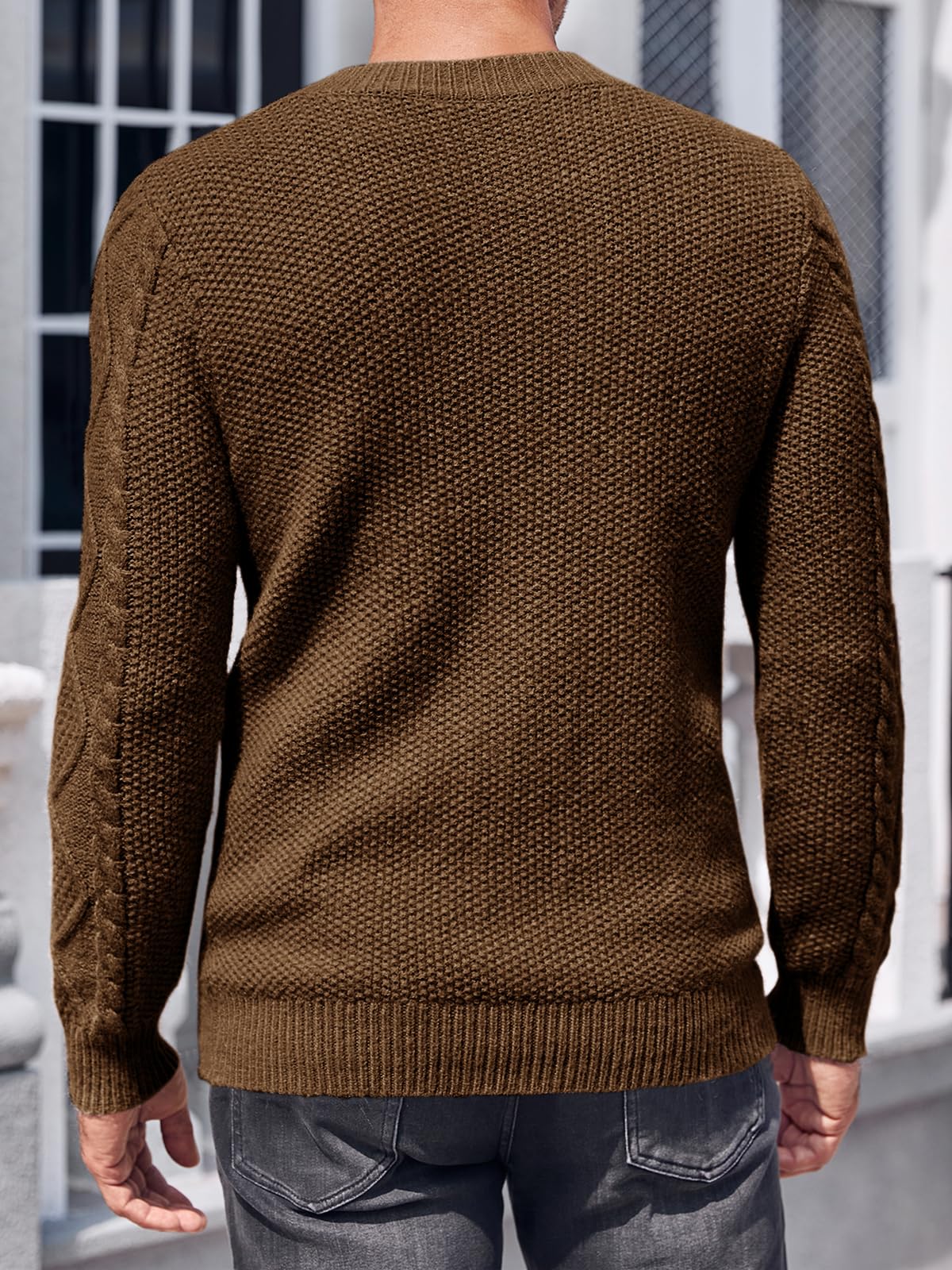 NIUBIA Men's Slim Fit Crewneck Pullover Sweater Winter Casual Chunky Cable Knit Comfort Heavy Long Sleeve Sweaters Brown