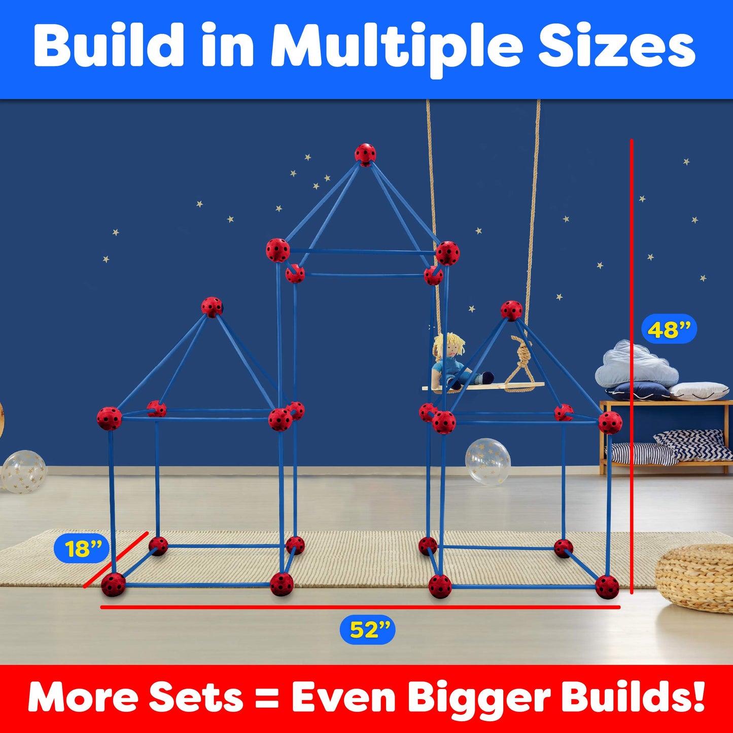 Power Your Fun Fun Forts Kids Tent for Kids - 81 Pieces Fort Building STEM Toys Kit, Construction Toys Play Tent Indoor and Outdoor Playhouse for Kids with 53 Rods and 28 Spheres (Red, Blue) 1 Pack