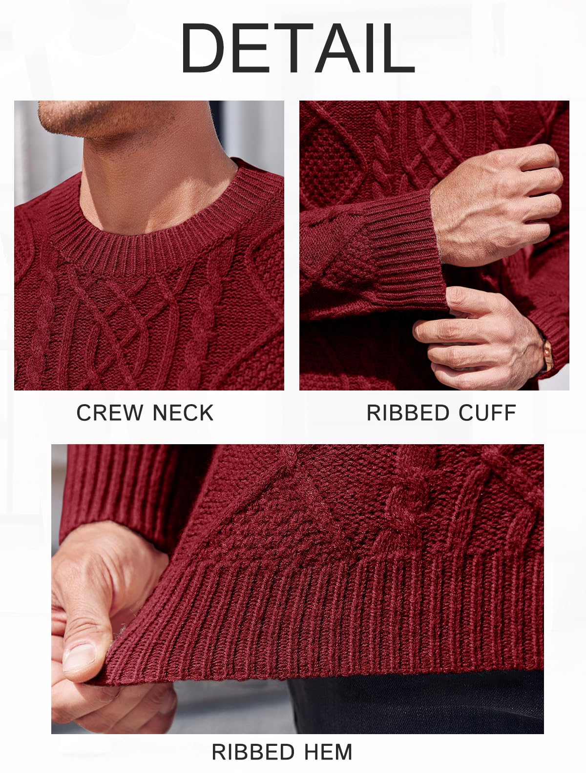 NIUBIA Men's Slim Fit Crewneck Pullover Sweater Winter Casual Chunky Cable Knit Comfort Heavy Long Sleeve Sweaters Red