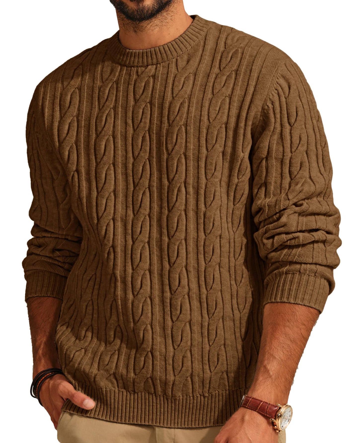 PJ PAUL JONES Men's Sweaters Pullover Crewneck Long Sleeve Cable Knit Sweater Casual Textured Sweaters Brown XXL