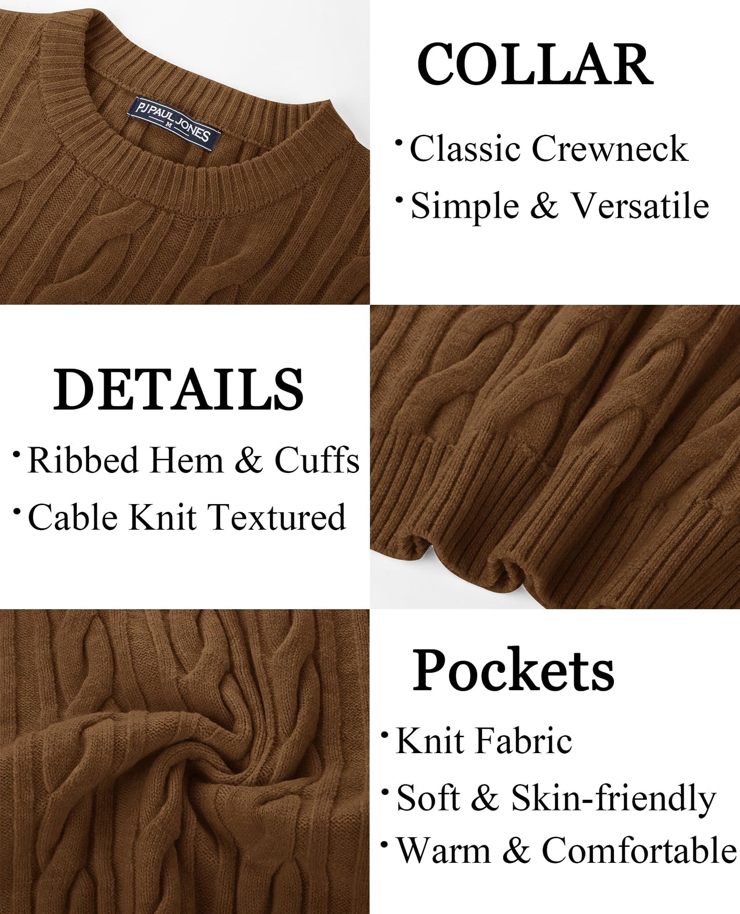 PJ PAUL JONES Men's Sweaters Pullover Crewneck Long Sleeve Cable Knit Sweater Casual Textured Sweaters Brown XXL