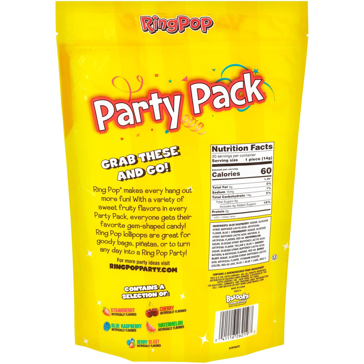 Ring Pop Candy Lollipops - Individually Wrapped Bulk Lollipop Variety Party Pack – 20 Count Suckers w/ Assorted Flavors - Fun Candy for Kids - Hard Candy for Party Favors, Birthdays & Goodie Bags