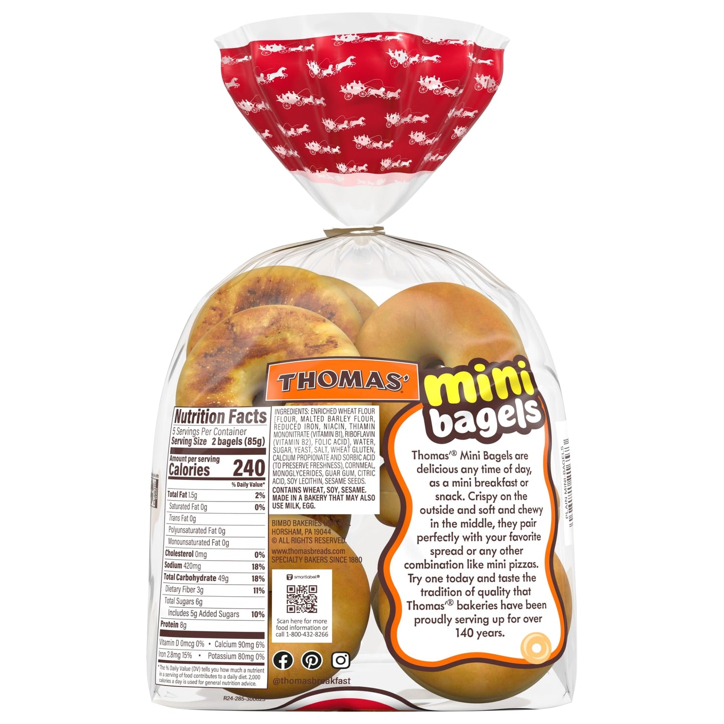 Thomas' Plain Mini Bagels, 10 count, (1.5 oz each), Pre-sliced Bagels, 15 oz Bag