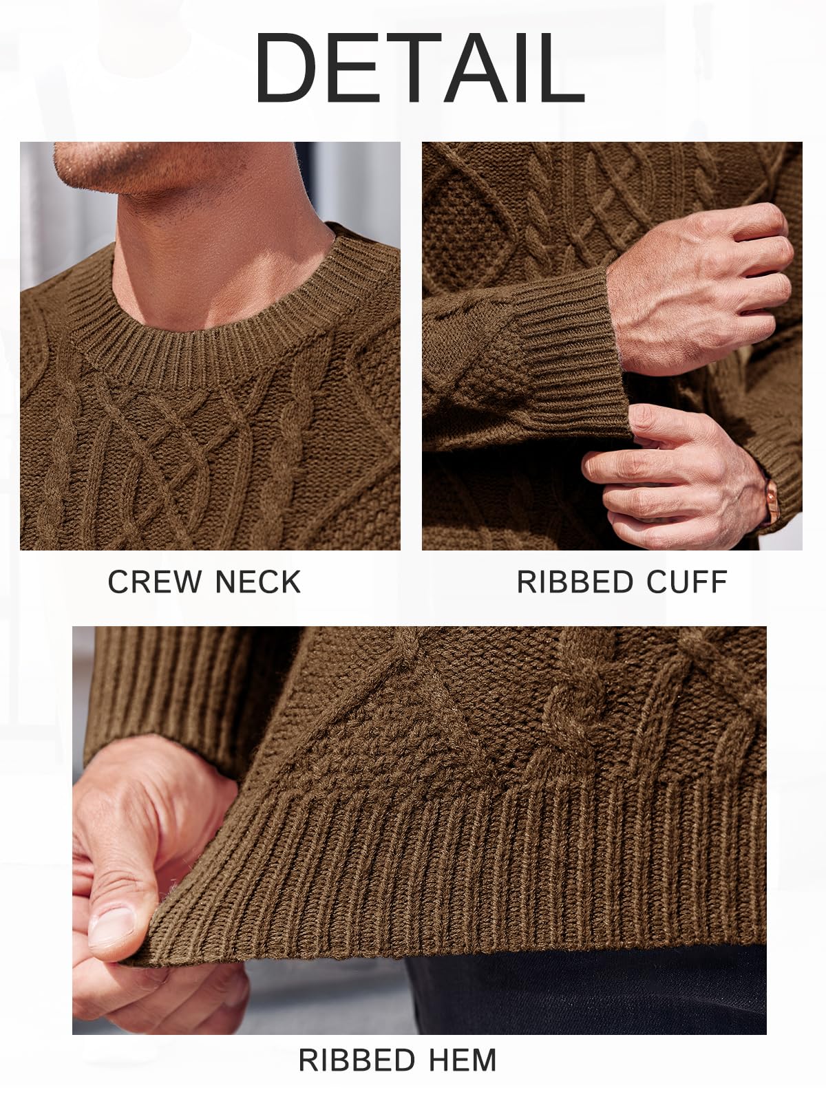 NIUBIA Men's Slim Fit Crewneck Pullover Sweater Winter Casual Chunky Cable Knit Comfort Heavy Long Sleeve Sweaters Brown