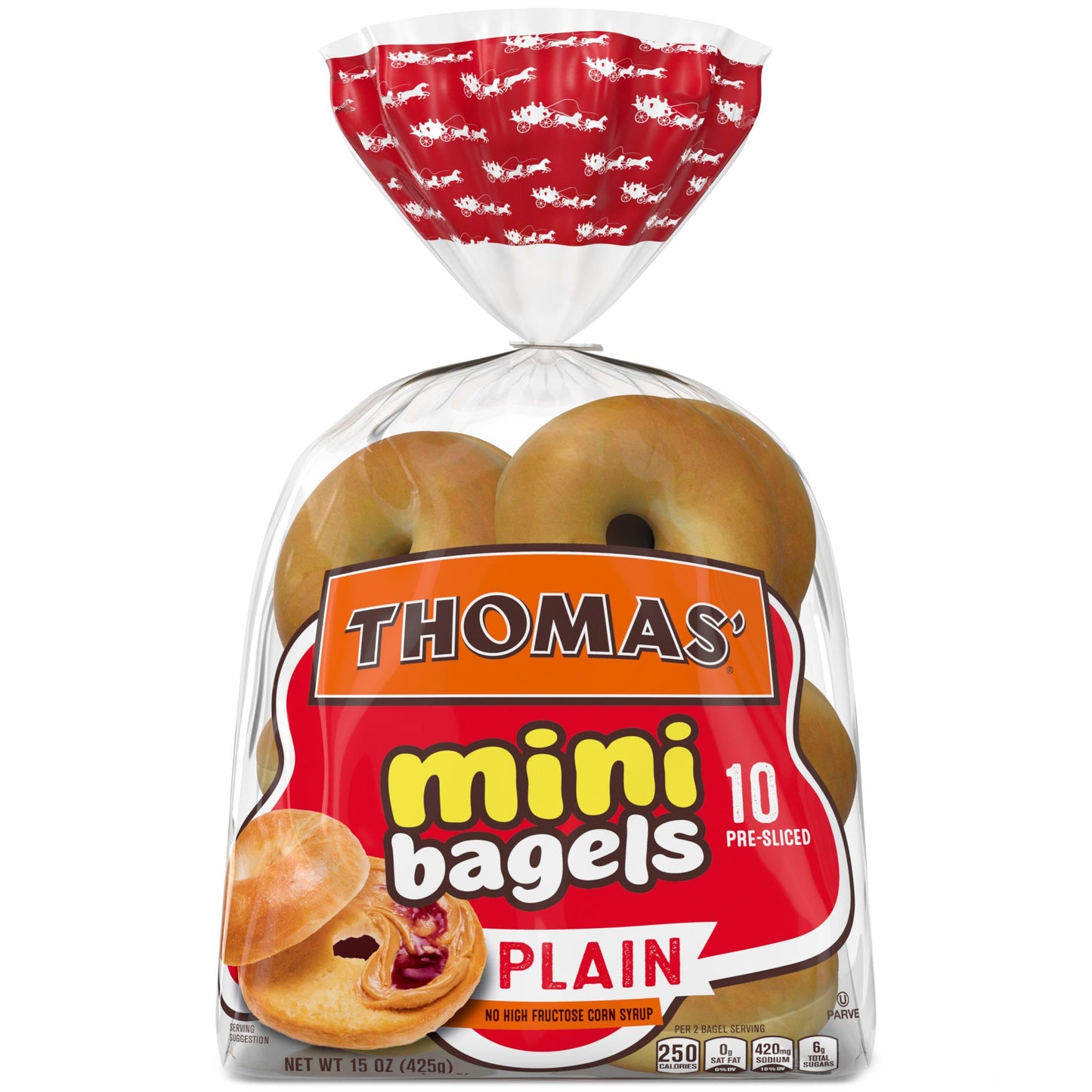 Thomas' Plain Mini Bagels, 10 count, (1.5 oz each), Pre-sliced Bagels, 15 oz Bag