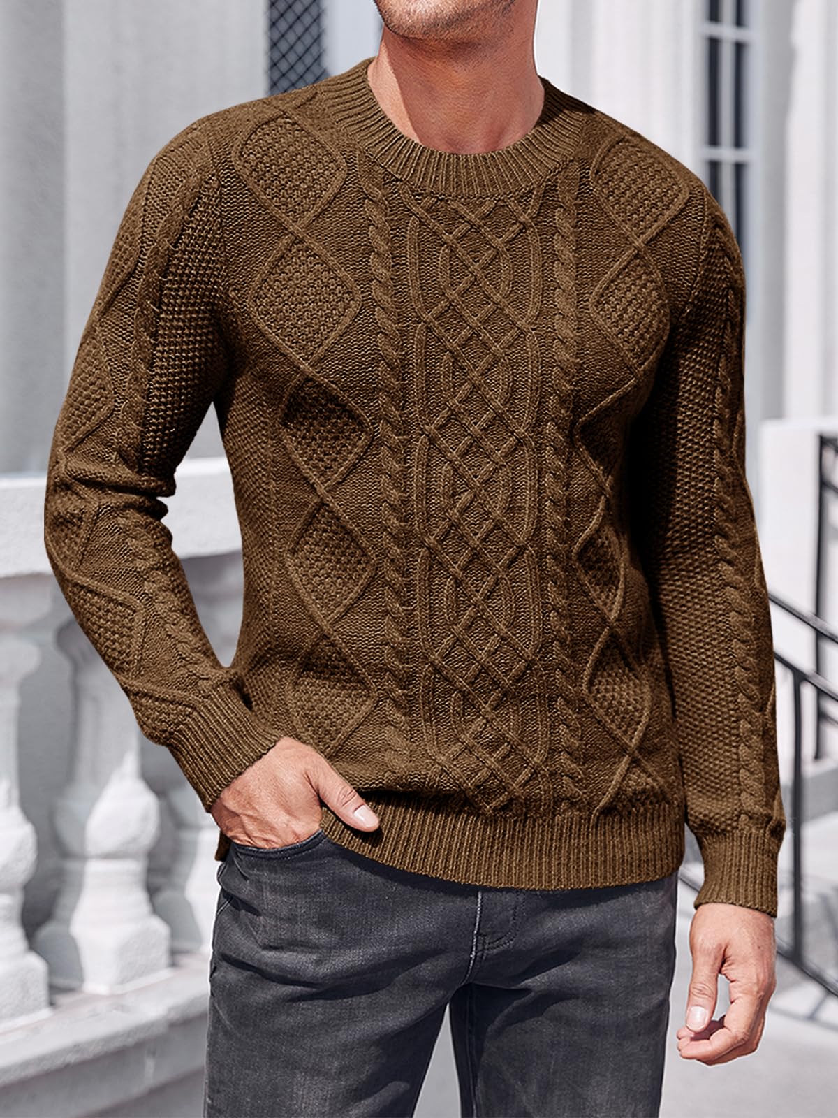 NIUBIA Men's Slim Fit Crewneck Pullover Sweater Winter Casual Chunky Cable Knit Comfort Heavy Long Sleeve Sweaters Brown