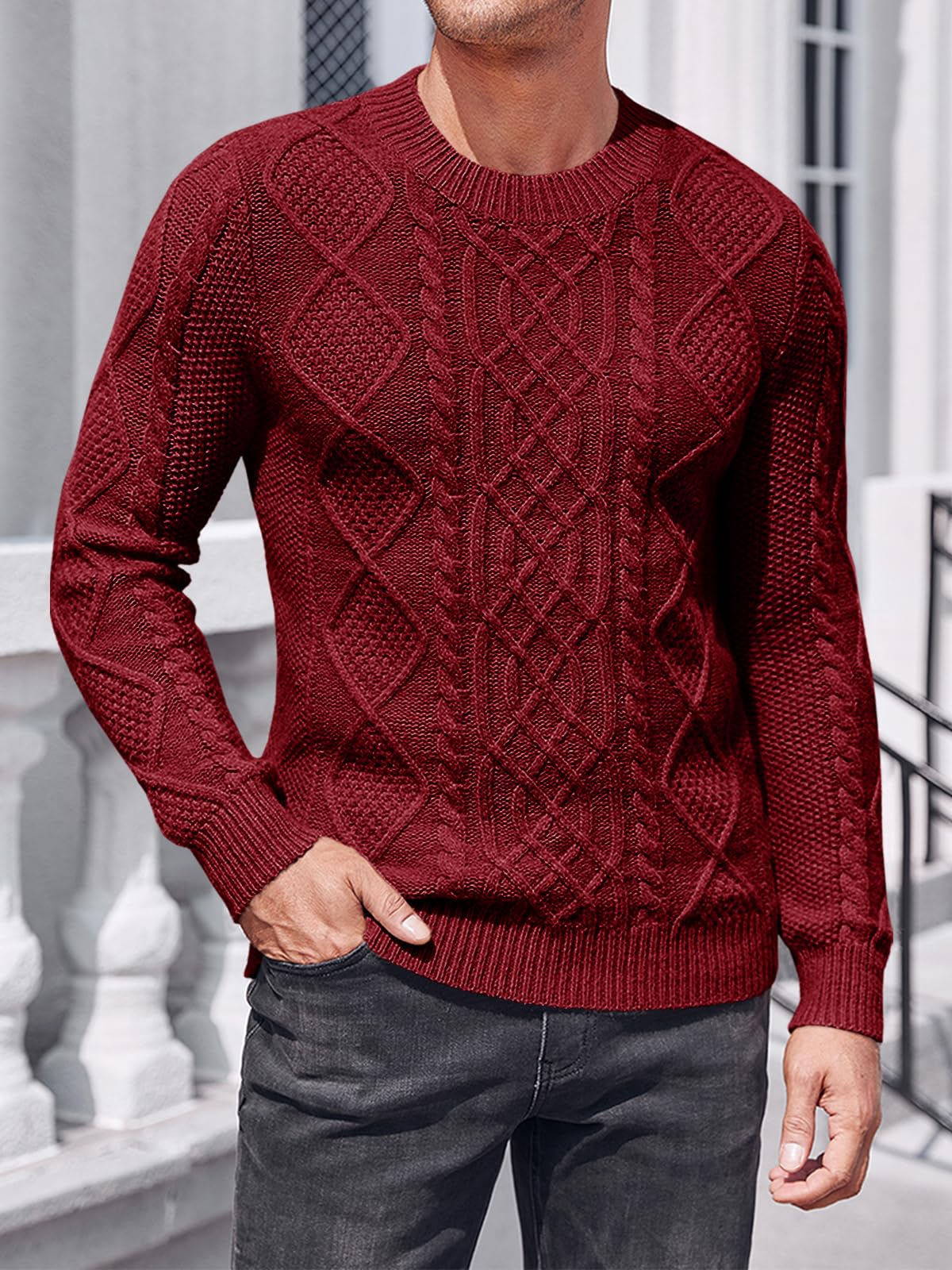 NIUBIA Men's Slim Fit Crewneck Pullover Sweater Winter Casual Chunky Cable Knit Comfort Heavy Long Sleeve Sweaters Red