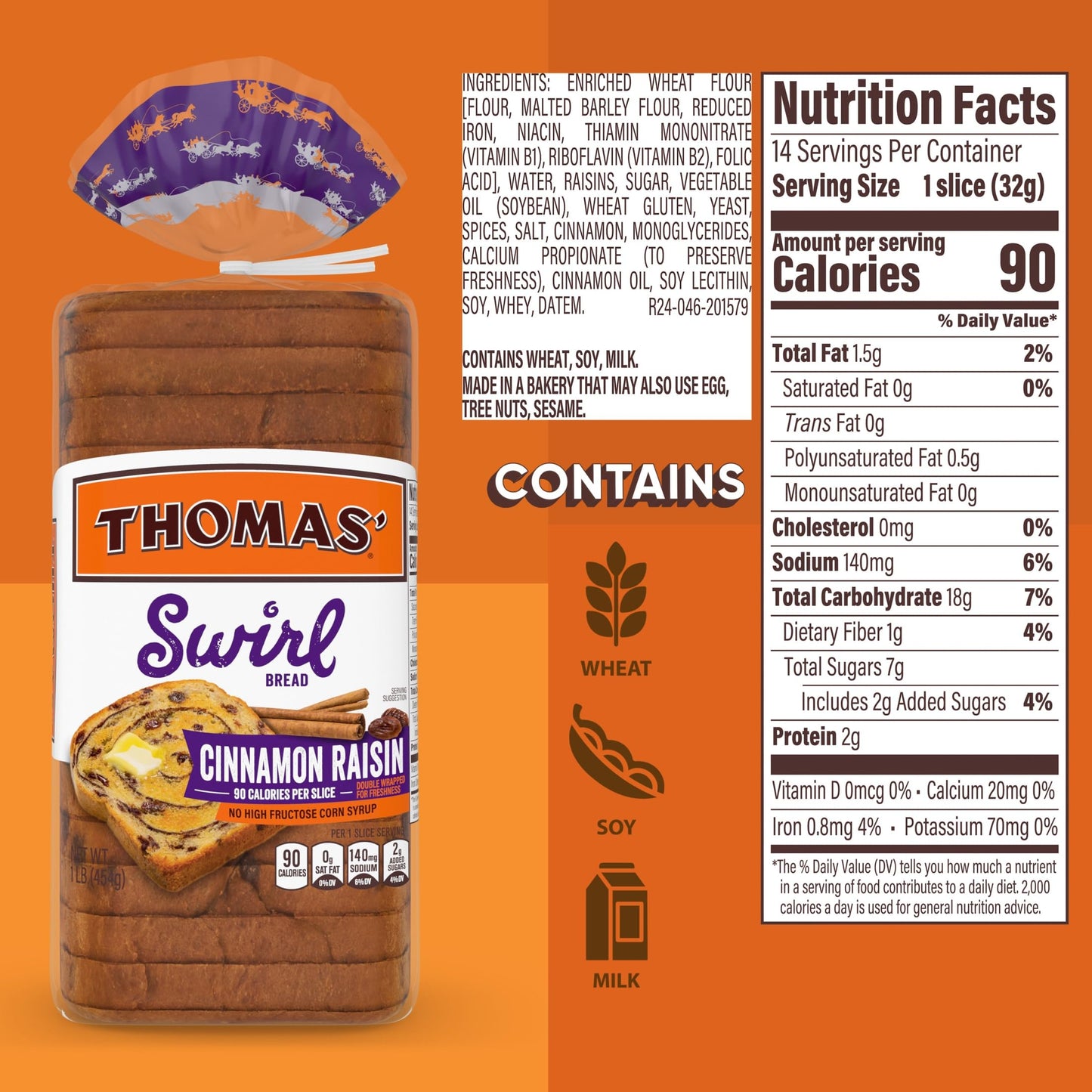 Thomas' Cinnamon Raisin Swirl Bread, Cinnamon Bread, 16 oz Bag