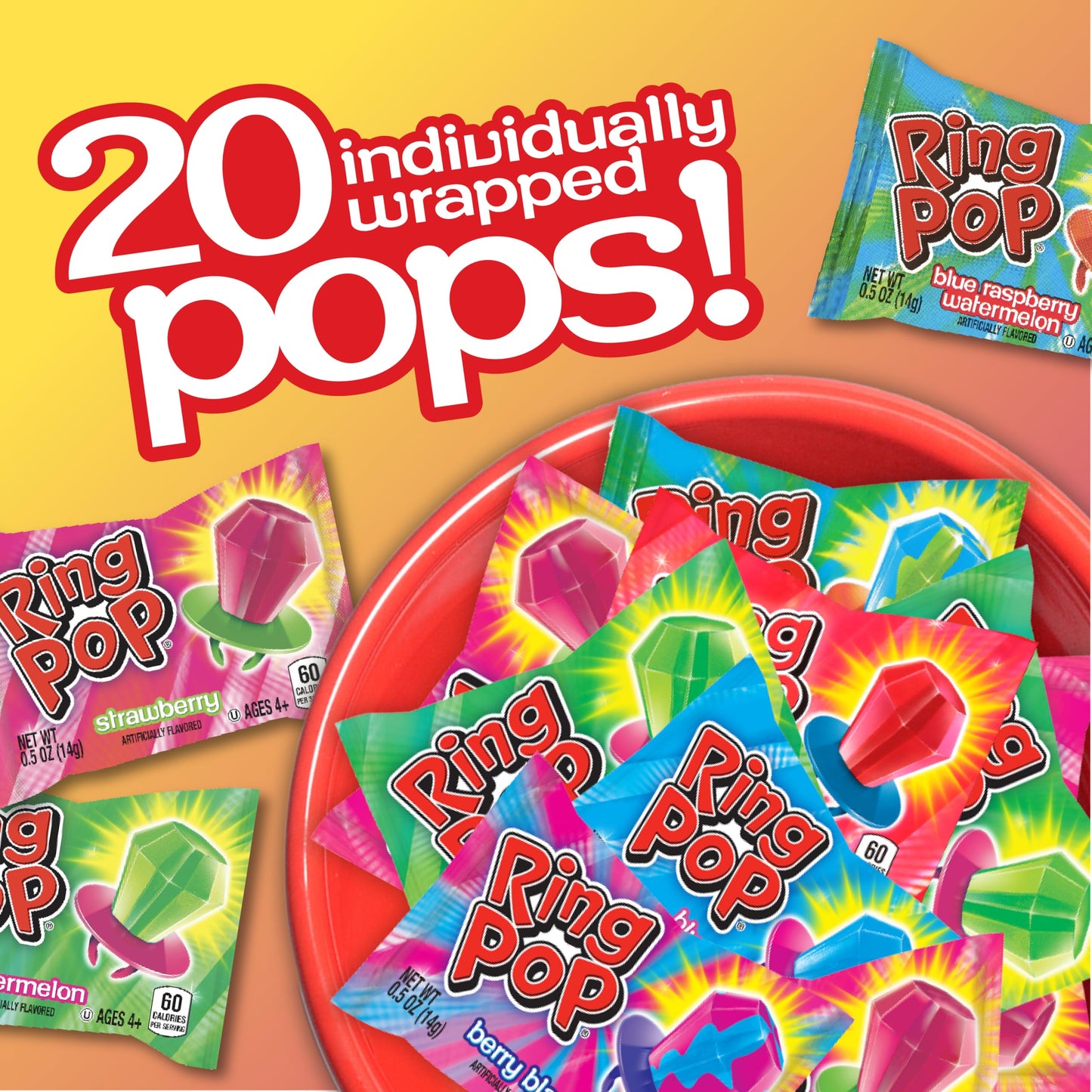 Ring Pop Candy Lollipops - Individually Wrapped Bulk Lollipop Variety Party Pack – 20 Count Suckers w/ Assorted Flavors - Fun Candy for Kids - Hard Candy for Party Favors, Birthdays & Goodie Bags