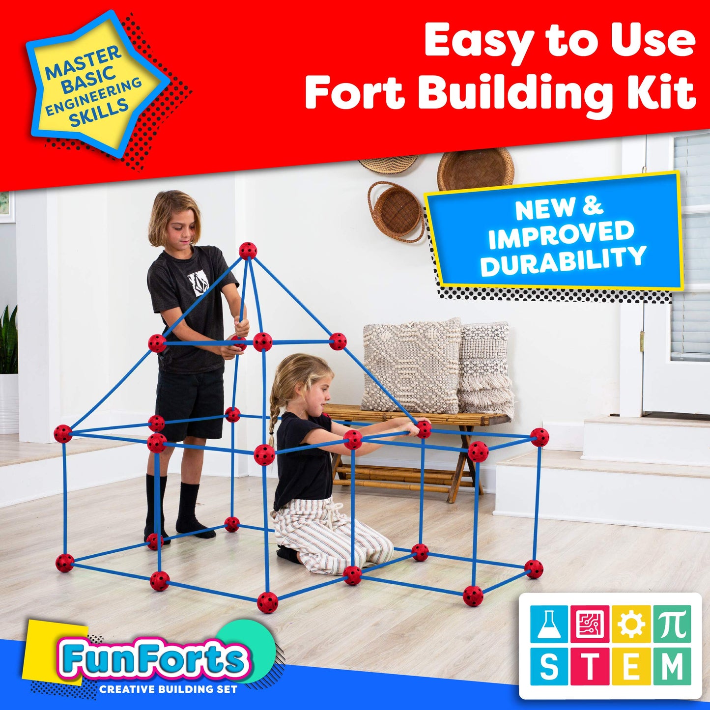 Power Your Fun Fun Forts Kids Tent for Kids - 81 Pieces Fort Building STEM Toys Kit, Construction Toys Play Tent Indoor and Outdoor Playhouse for Kids with 53 Rods and 28 Spheres (Red, Blue) 1 Pack