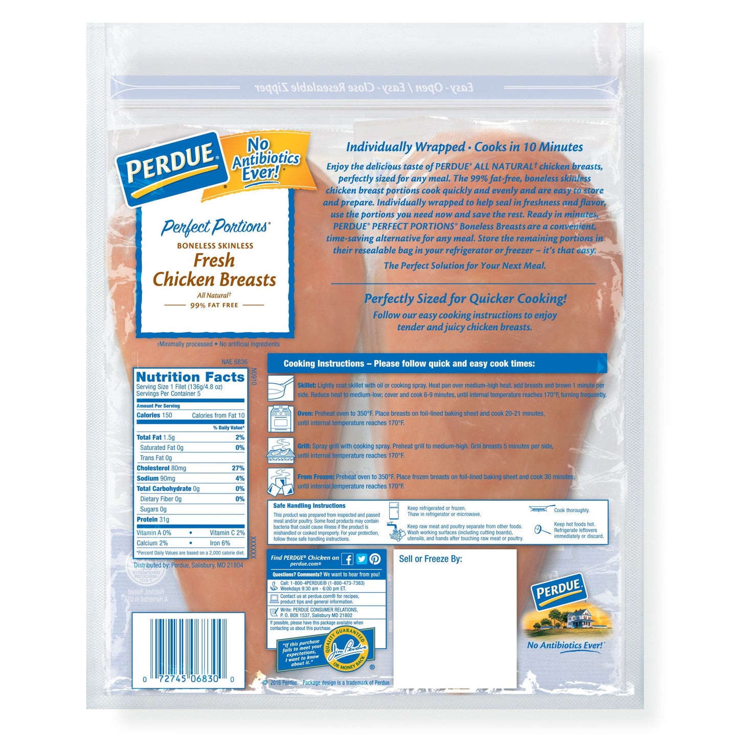 Perdue Perfect Portions, Boneless Skinless Chicken Breast All Natural, 1.5 lb