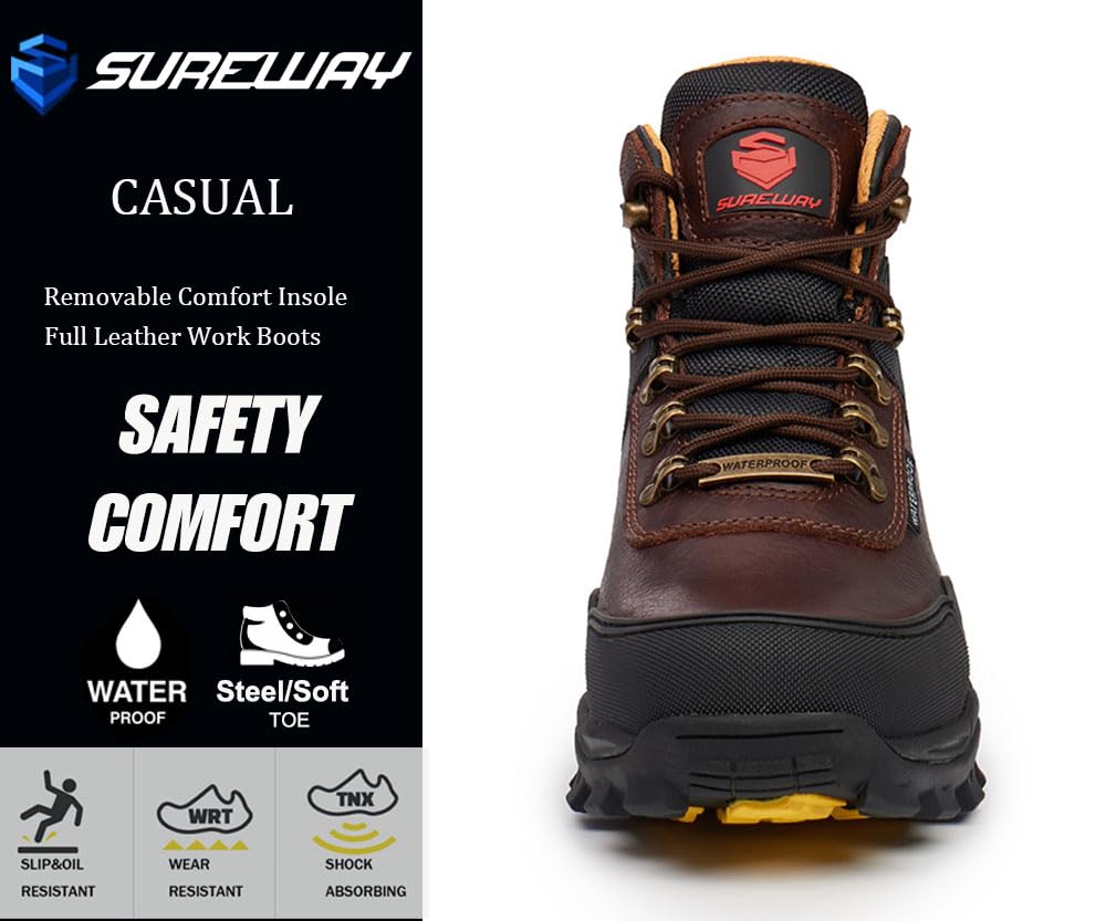 SUREWAY Men's 6" Heavy Duty Steel Toe Waterproof Work Boot - Leather,Lace Up,Oil/Slip Resistant Dual-Density Comfortable Outsole, EH Construction Industrial Ankle Mens Safety Work Boots