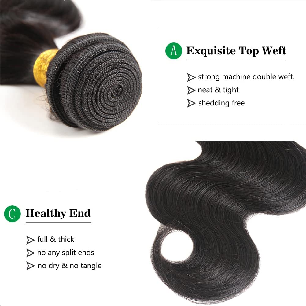 2 Body Wave Bundles Human Hair 14 Inch 10A Grade 2 Bundle Human Hair Body Wave for Black Women Unprocessed Brazilian Virgin Hair Extensions Human Hair Bundles Body Wave Natural Black
