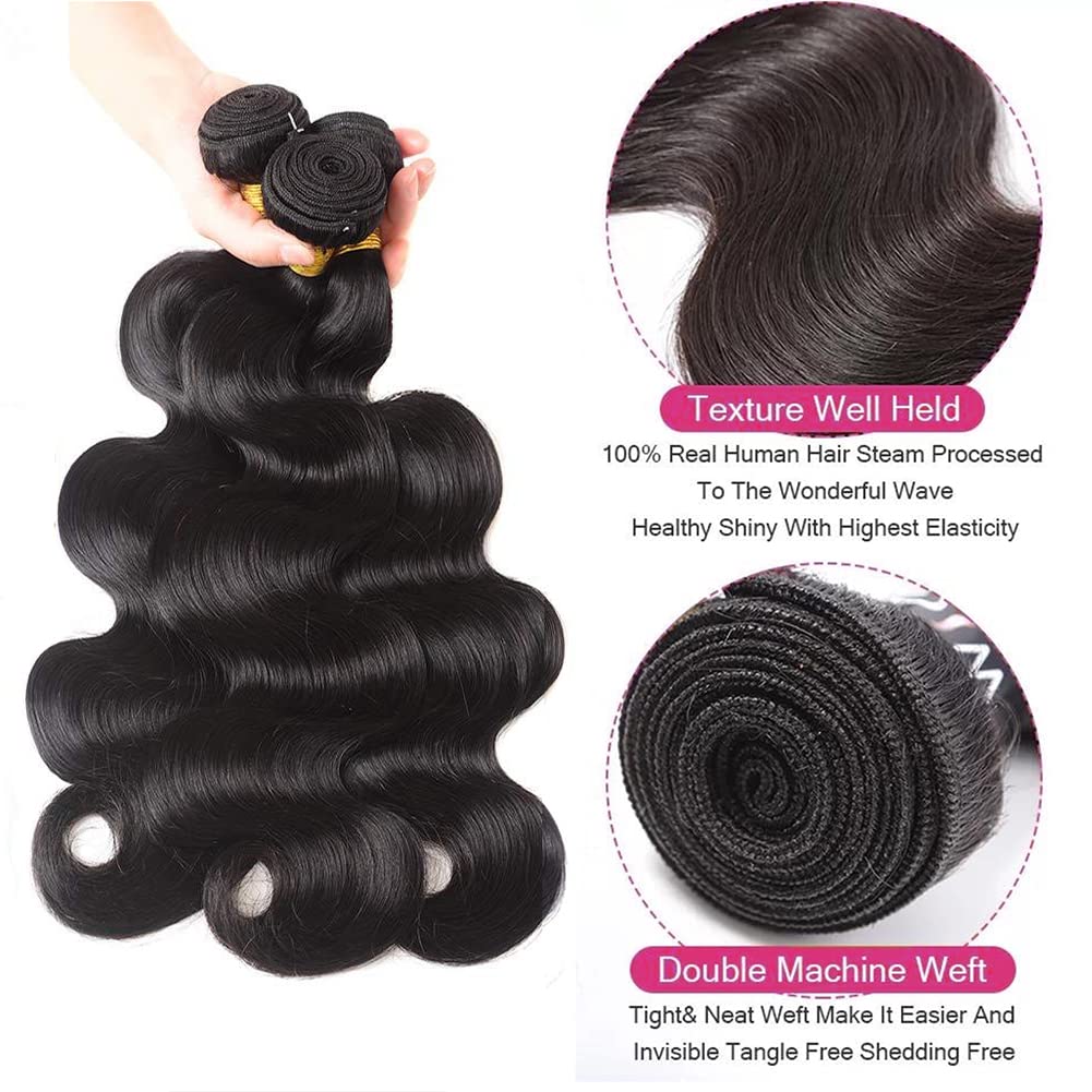 2 Body Wave Bundles Human Hair 14 Inch 10A Grade 2 Bundle Human Hair Body Wave for Black Women Unprocessed Brazilian Virgin Hair Extensions Human Hair Bundles Body Wave Natural Black