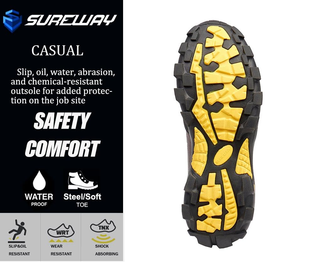 SUREWAY Men's 6" Heavy Duty Steel Toe Waterproof Work Boot - Leather,Lace Up,Oil/Slip Resistant Dual-Density Comfortable Outsole, EH Construction Industrial Ankle Mens Safety Work Boots