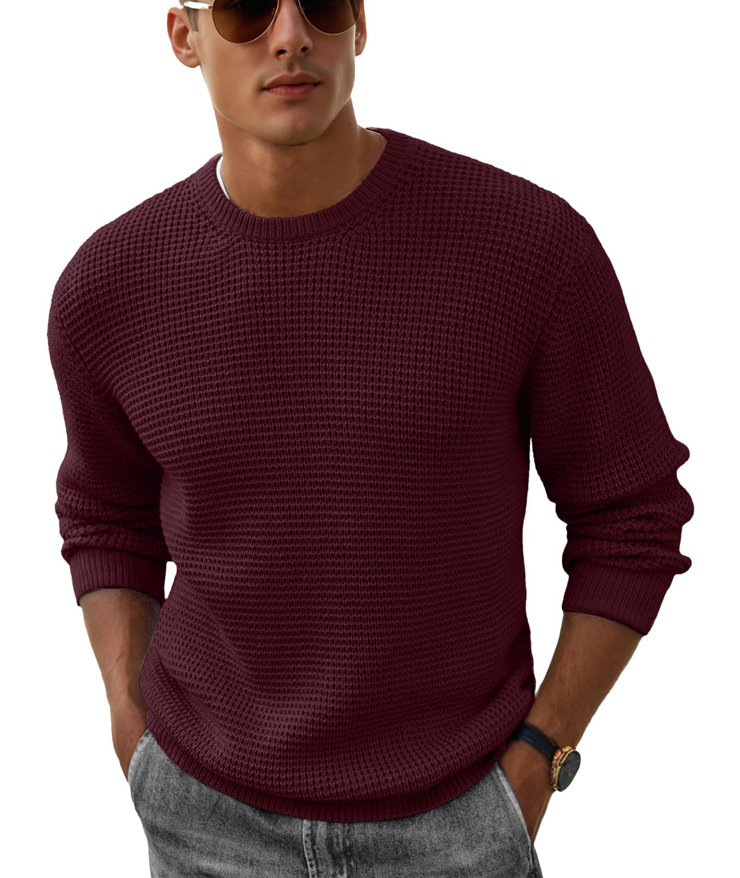 Men's Crewneck Pullover Sweater Waffle Textured Long Sleeve Casual Knit Sweater