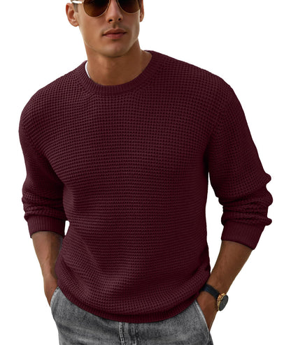 Men's Crewneck Pullover Sweater Waffle Textured Long Sleeve Casual Knit Sweater