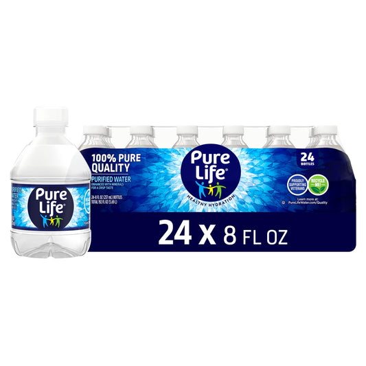Pure Life Purified Water Bottles, 24 Pack - Still Bottled Water Enhanced with Minerals for a Crisp Taste, Plastic Bottles - 8 Fl Oz
