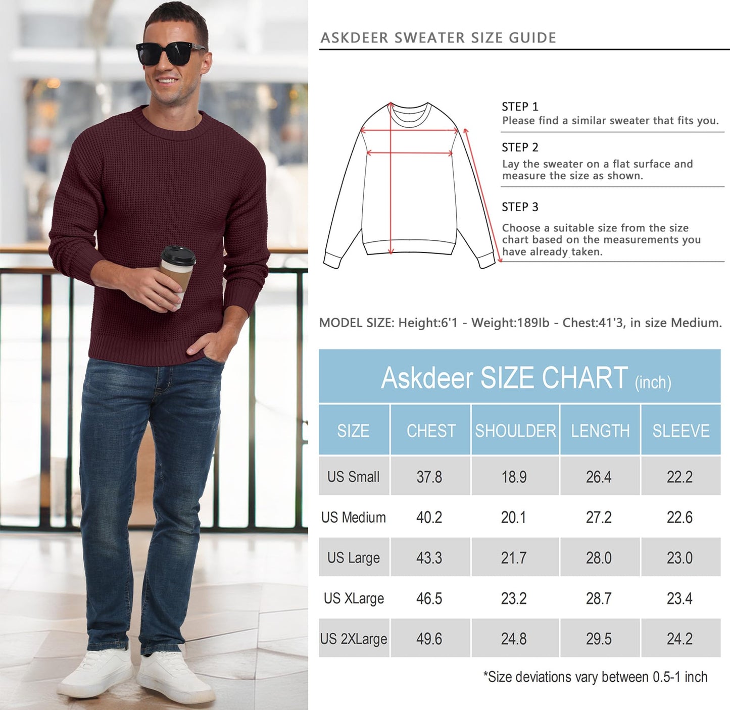 Men's Crewneck Pullover Sweater Waffle Textured Long Sleeve Casual Knit Sweater