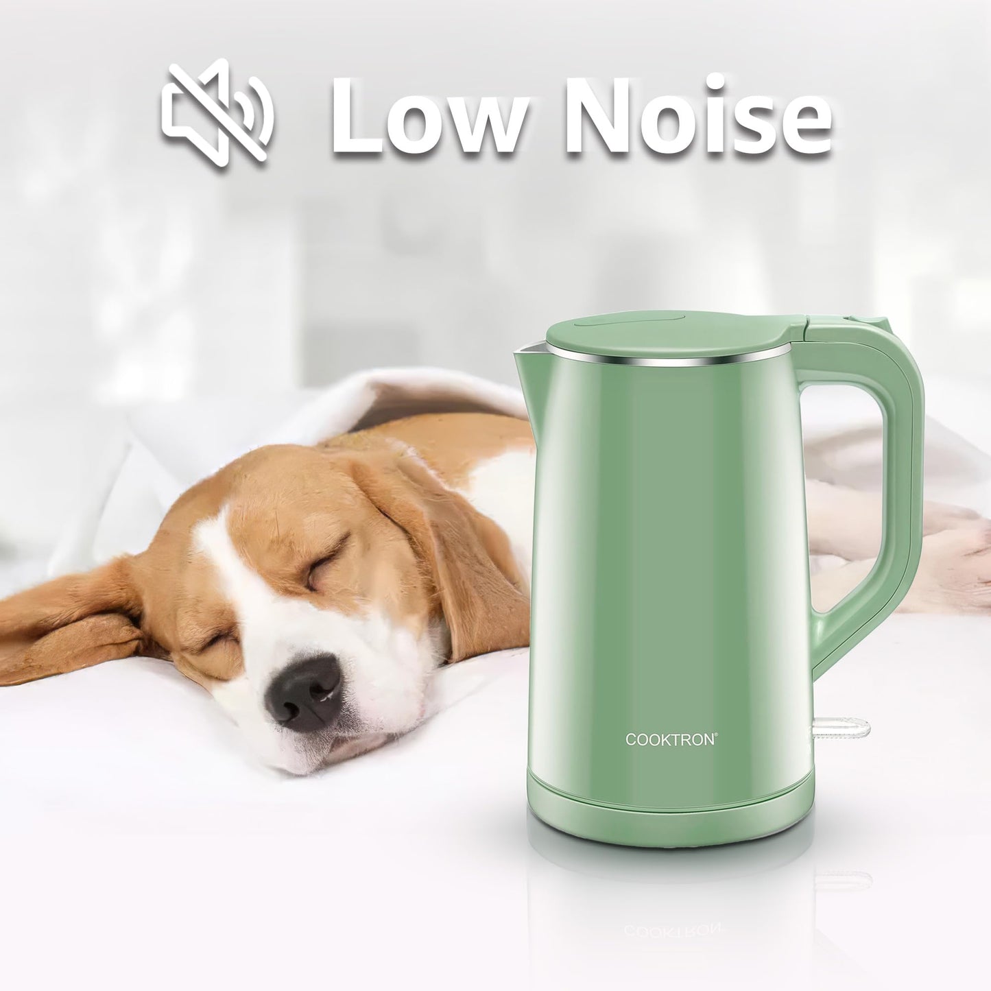 COOKTRON 1.7L Electric Kettle Quiet, Double Wall Hot Water Boiler BPA-Free, Quiet Boil and Cool Touch Tea Kettle, Cordless with Auto Shut-Off & Boil Dry Protection, 1500W Fast Boiling, Green
