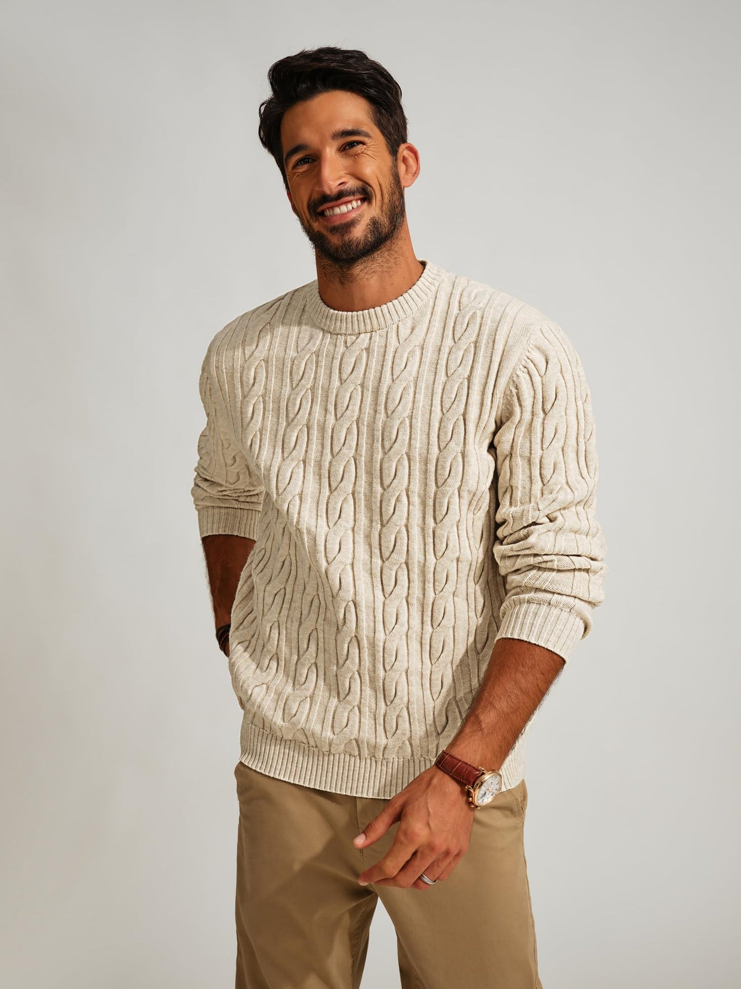 PJ PAUL JONES Mens Crewneck Sweater Casual Long Sleeve Textured Pullover Sweater Regular Fit Cable Knit Pullovers Apricot S