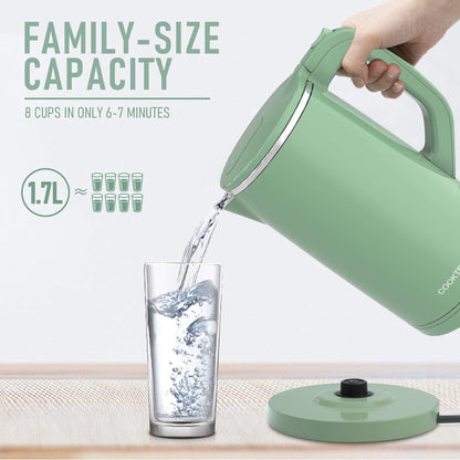 COOKTRON 1.7L Electric Kettle Quiet, Double Wall Hot Water Boiler BPA-Free, Quiet Boil and Cool Touch Tea Kettle, Cordless with Auto Shut-Off & Boil Dry Protection, 1500W Fast Boiling, Green
