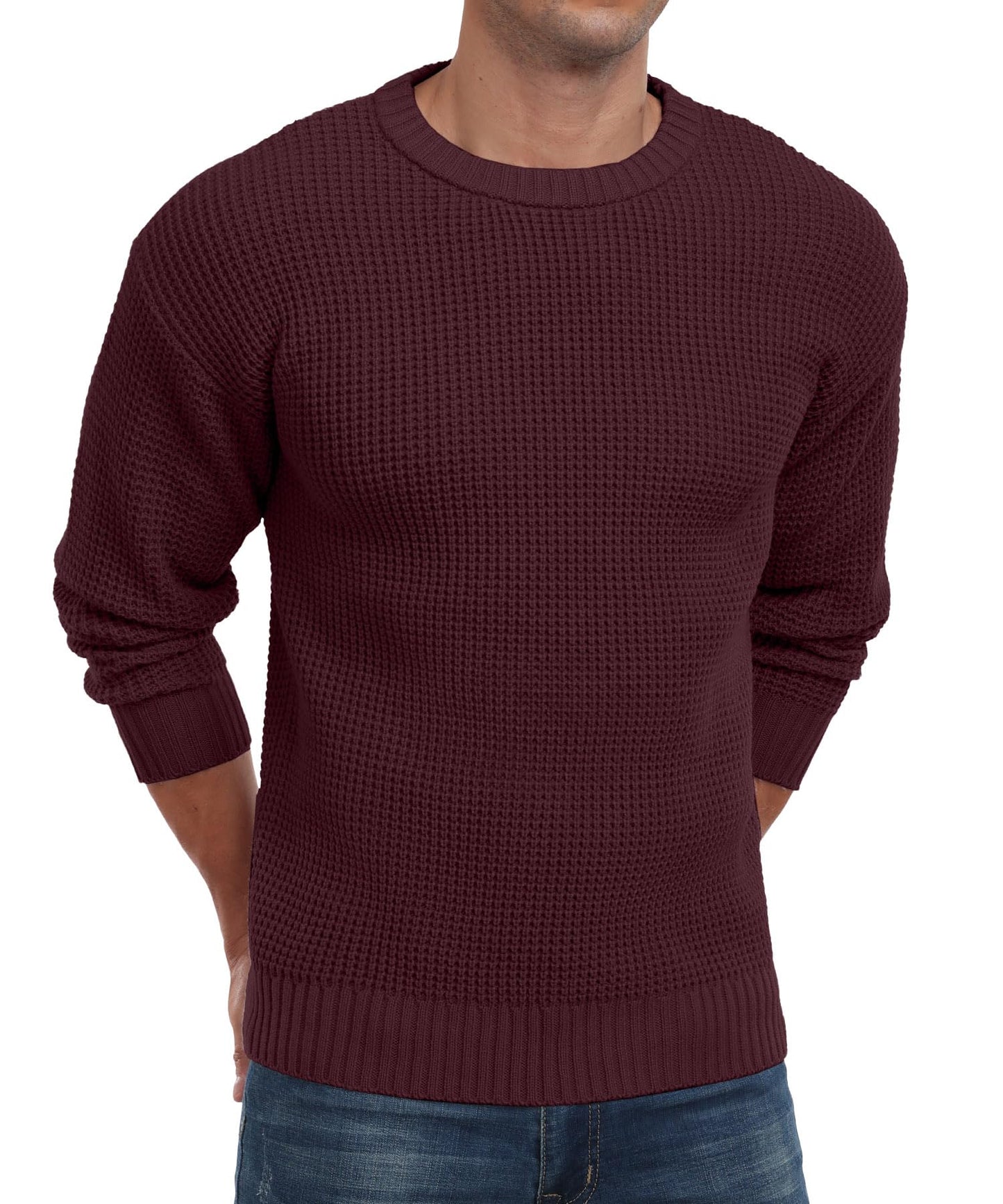 Men's Crewneck Pullover Sweater Waffle Textured Long Sleeve Casual Knit Sweater
