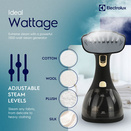 Electrolux Portable Handheld Garment and Fabric Steamer 1500 Watts, Quick Heat Ceramic Plate Steam Nozzle, 2 in 1 Fabric Wrinkle Remover and Clothing Iron, with Fabric, Lint Brush, and Steam Nozzle