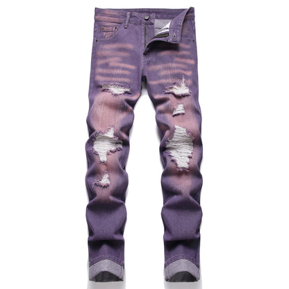OIIIO Men's Ripped Slim Fit Straight Leg Jean Denim Pant (28, 30026 Purple)