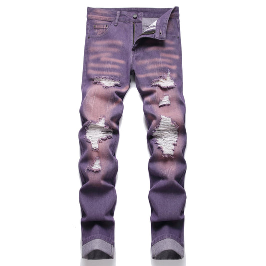OIIIO Men's Ripped Slim Fit Straight Leg Jean Denim Pant (28, 30026 Purple)