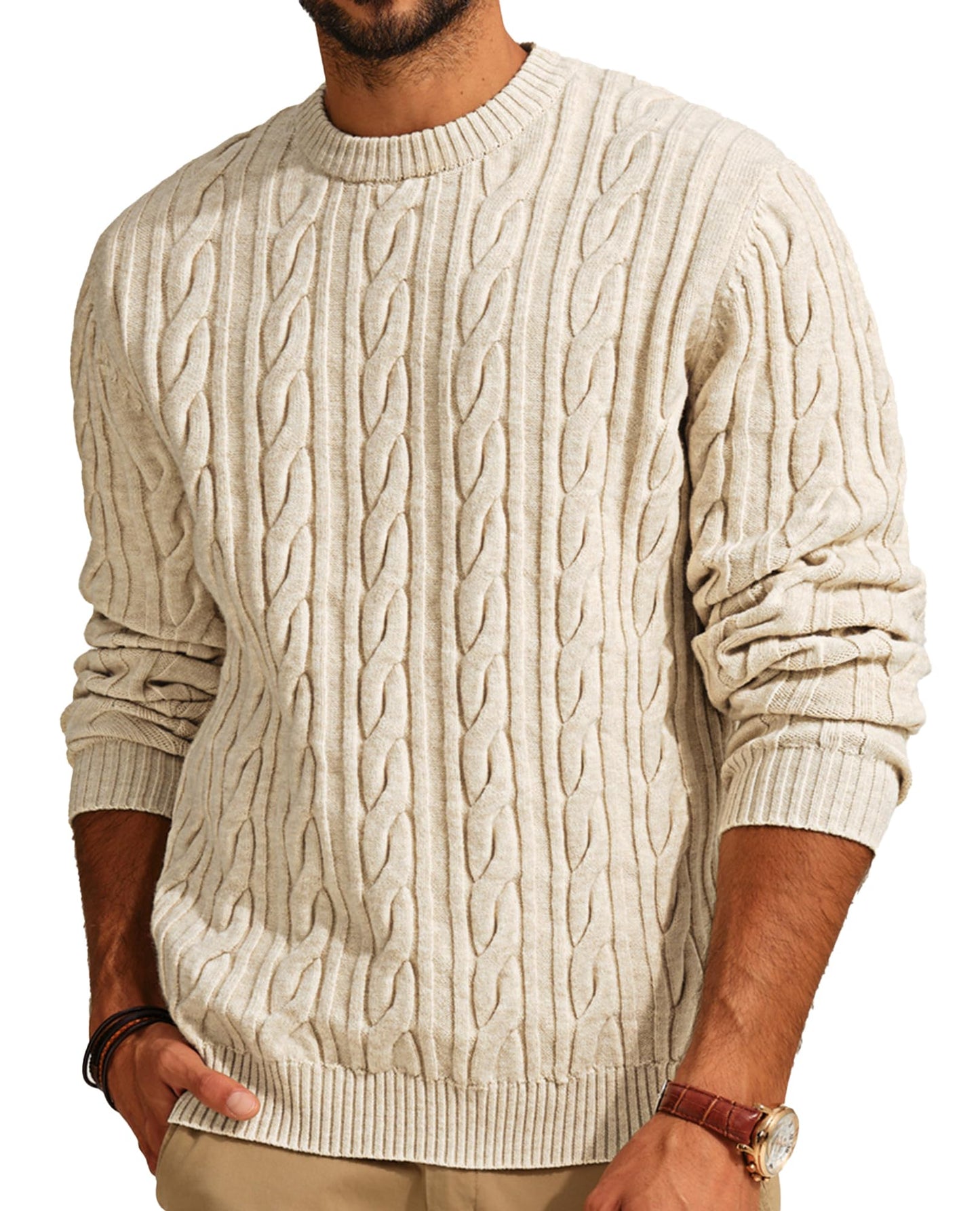 PJ PAUL JONES Mens Crewneck Sweater Casual Long Sleeve Textured Pullover Sweater Regular Fit Cable Knit Pullovers Apricot S