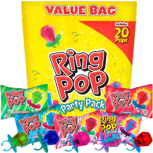 Ring Pop Candy Lollipops - Individually Wrapped Bulk Lollipop Variety Party Pack – 20 Count Suckers w/ Assorted Flavors - Fun Candy for Kids - Hard Candy for Party Favors, Birthdays & Goodie Bags