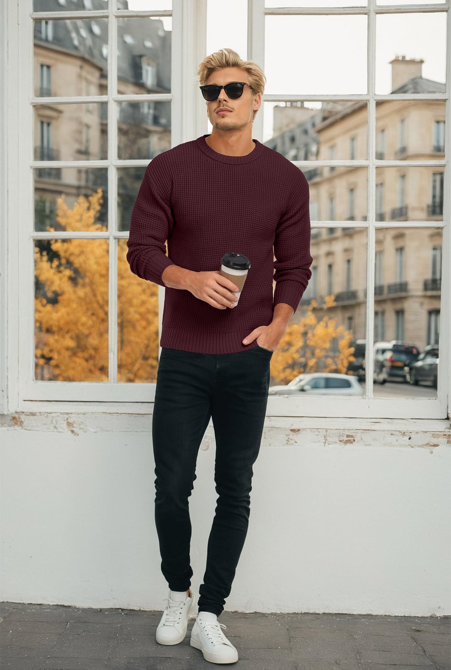 Men's Crewneck Pullover Sweater Waffle Textured Long Sleeve Casual Knit Sweater