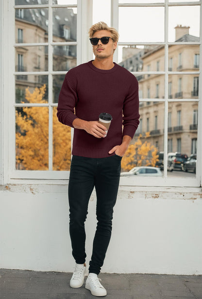 Men's Crewneck Pullover Sweater Waffle Textured Long Sleeve Casual Knit Sweater