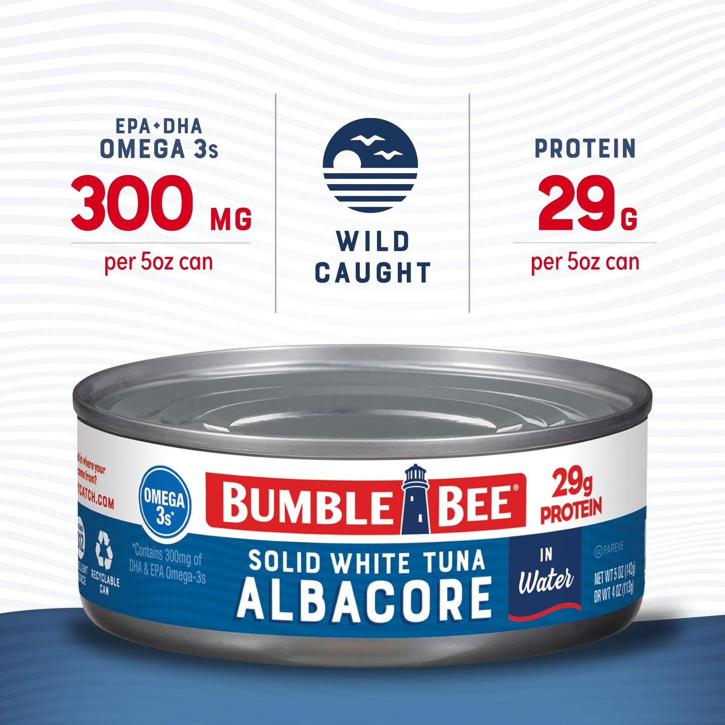 Bumble Bee Solid White Albacore Tuna in Water, 5 oz Can - Wild Caught Tuna - 29g Protein per Serving, High in Omega-3s - Non-GMO Project Verified, Gluten Free, Kosher